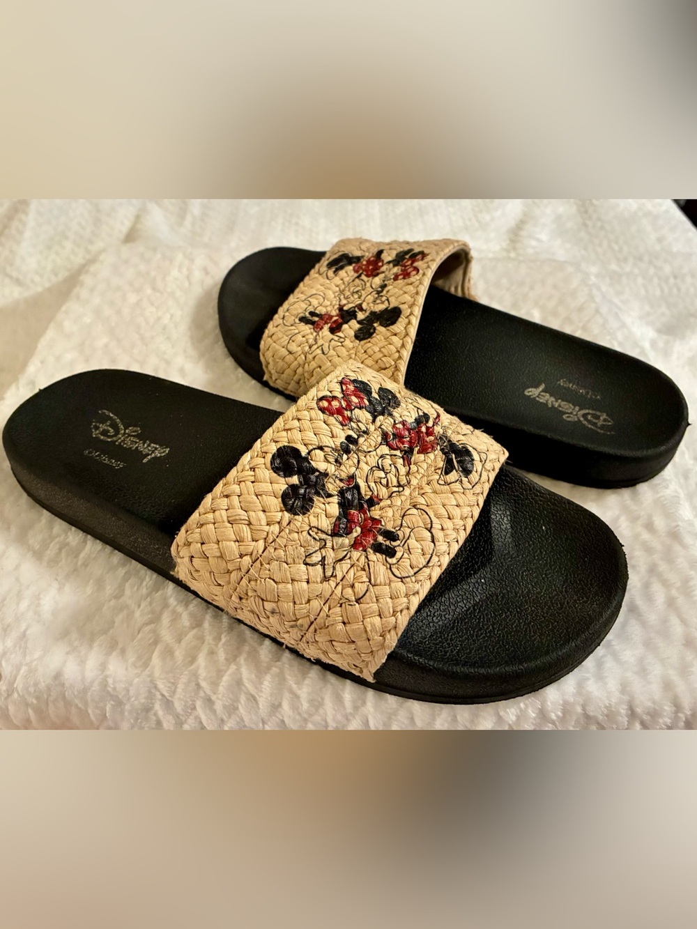 Rare Disney Mickey & Minnie Mouse Woven Straw Slide Sandals Cushioned Comfort - Picture 2 of 7